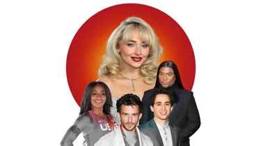 A digital collage for Madame Tussauds Hot 100 features Sabrina Carpenter at the center, depicted in full color with glamorous blonde curls and a sparkling necklace. Surrounding her are Sha’Carri Richardson, Jonathan Bailey, Marcello Hernández, and Law Roach, shown in black and white. The bold red-orange circle in the background creates a striking contrast, highlighting these notable personalities featured in Madame Tussauds' Hot 100 list.